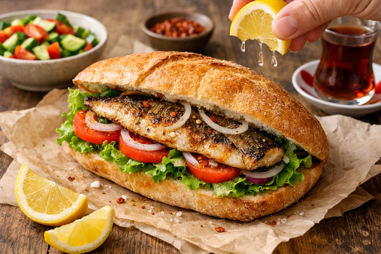 Evde hazırlanmış balık ekmek servis tabağında