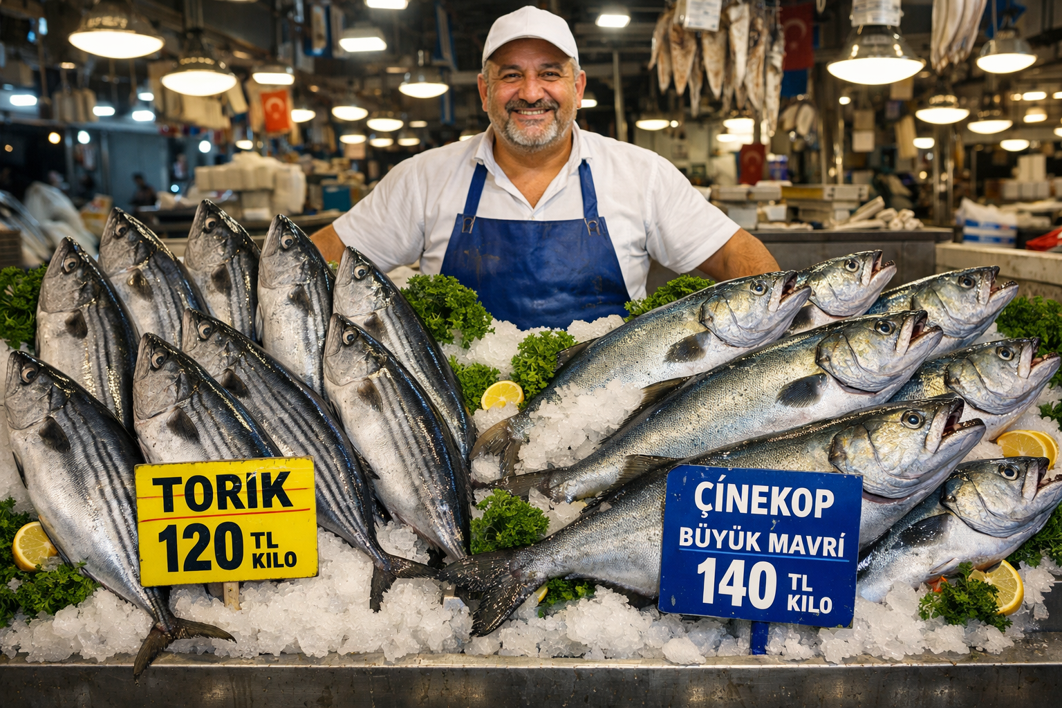 Tezgahta bütün palamut ve lüfer balıkları