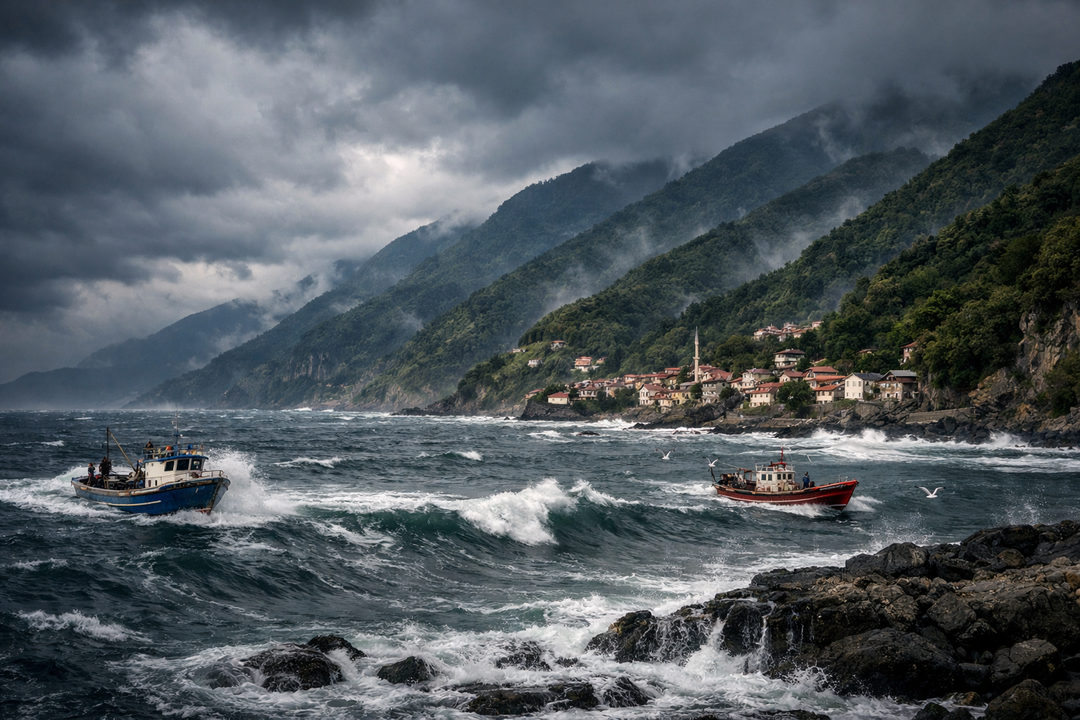 Karadeniz sahilinde balıkçı tekneleri ve deniz manzarası