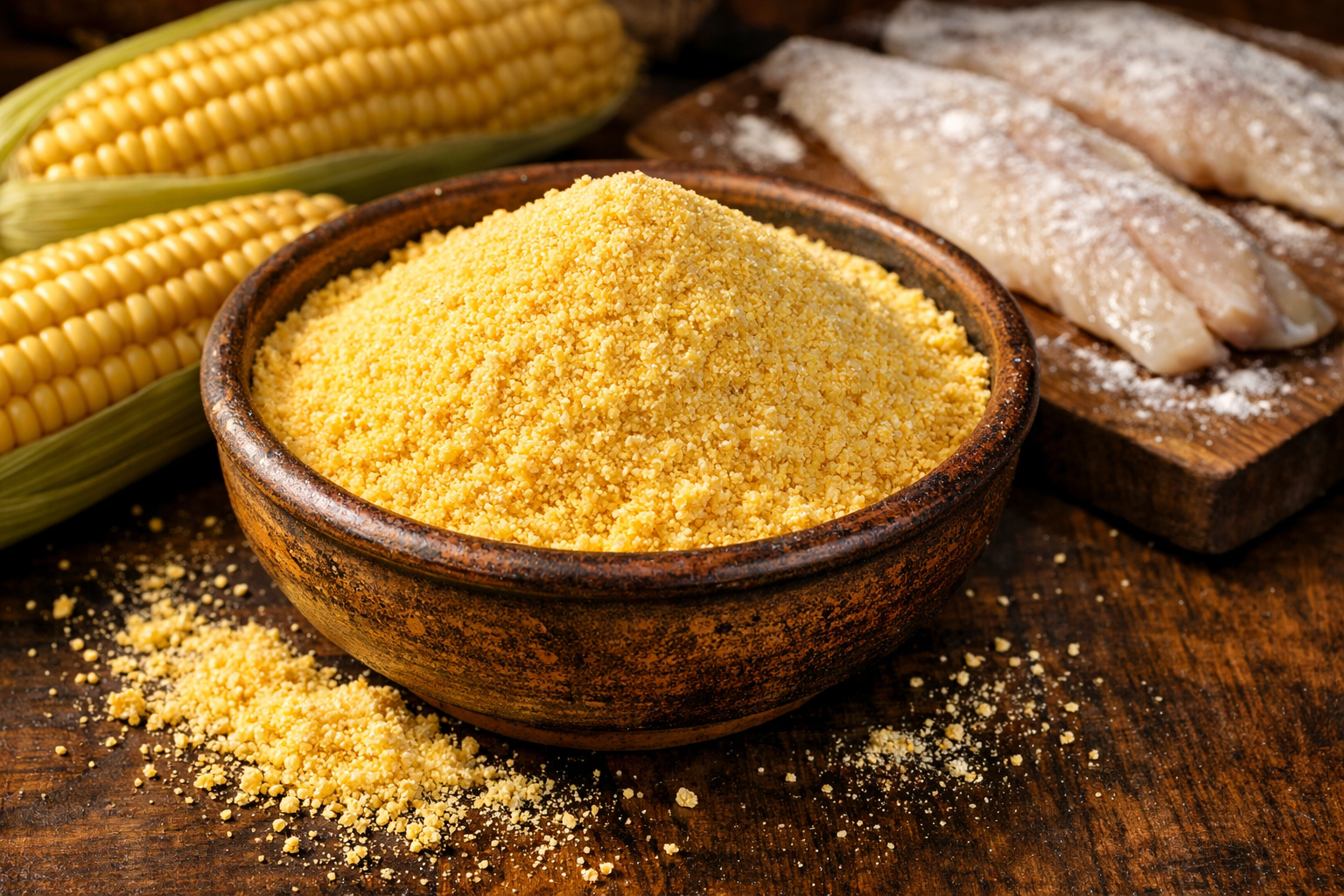 Mısır unu ile kaplanmış balık filetoları pişirmeye hazır